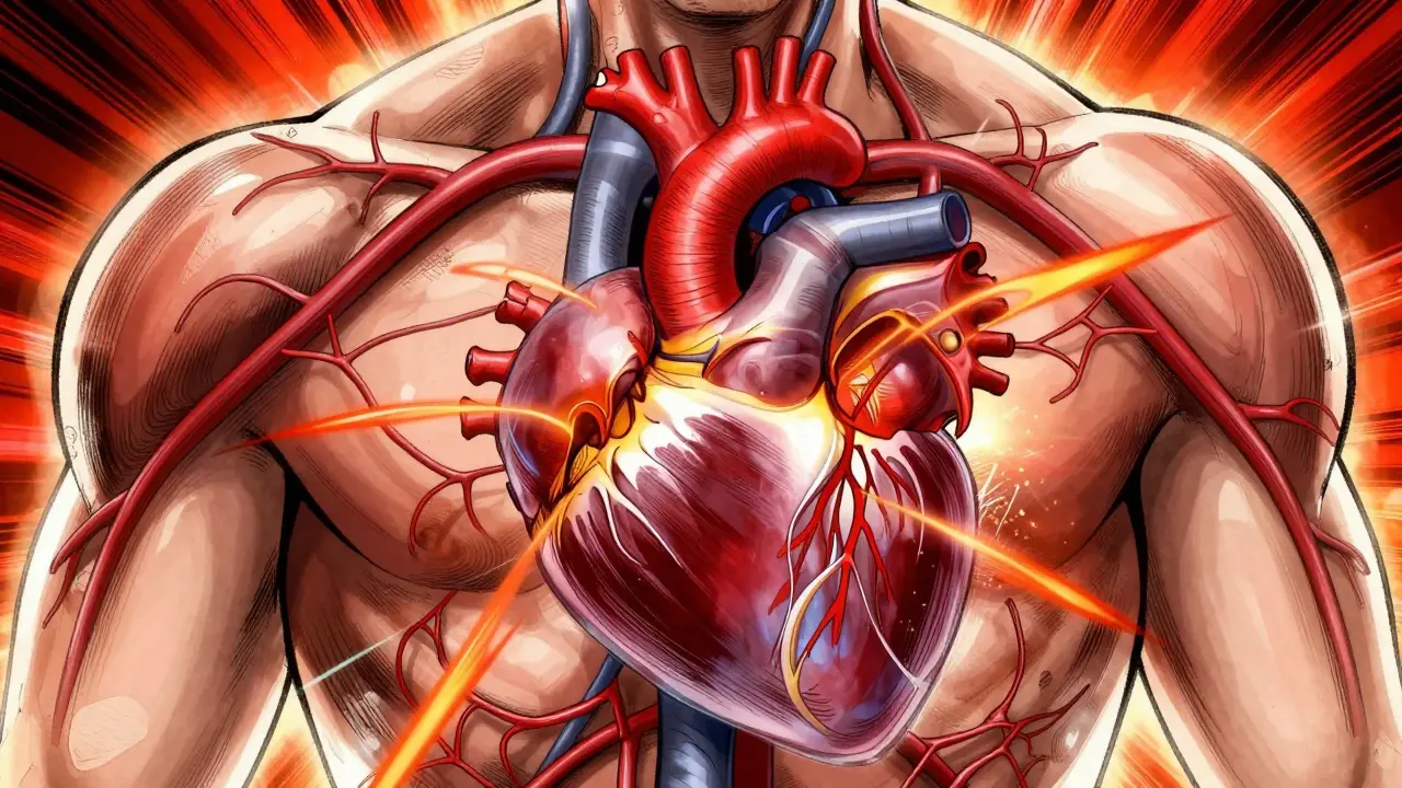 Stylized illustration of constricted blood vessels and a straining heart