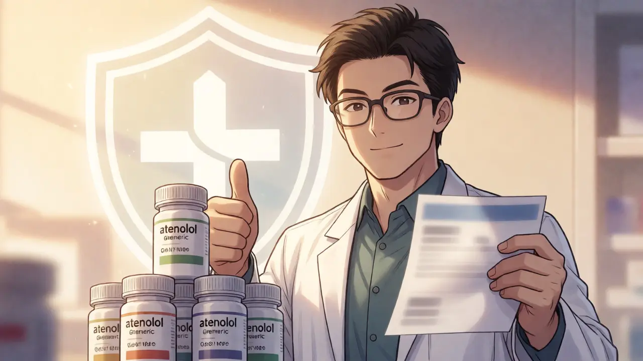 Trustworthy pharmacist standing by generic medication bottles in manhua style