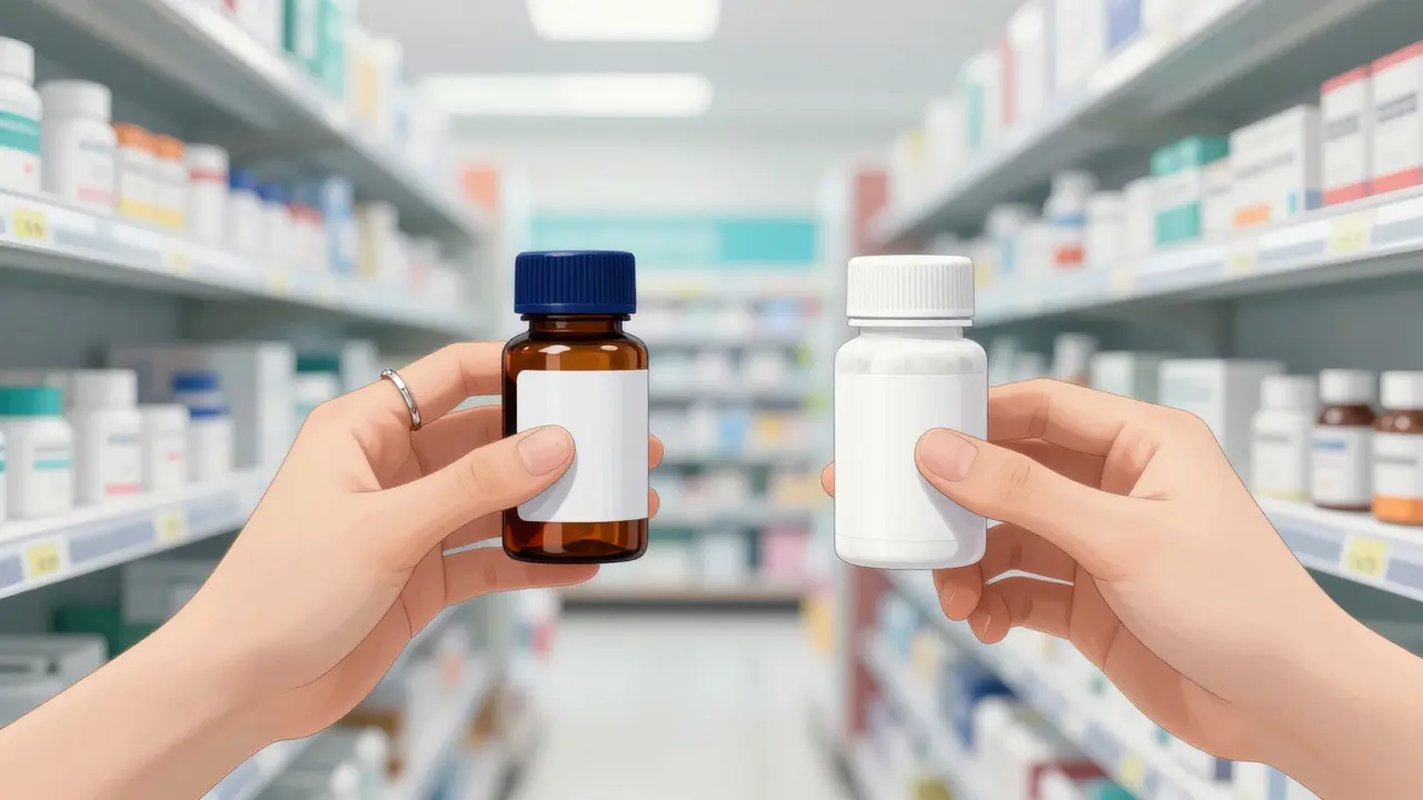 Two hands selecting different pill bottles from a pharmacy shelf
