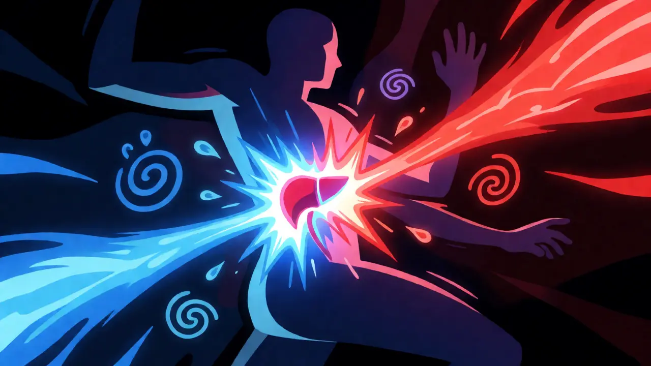 Internal biological clash of medication and alcohol depicted in dynamic manhua art