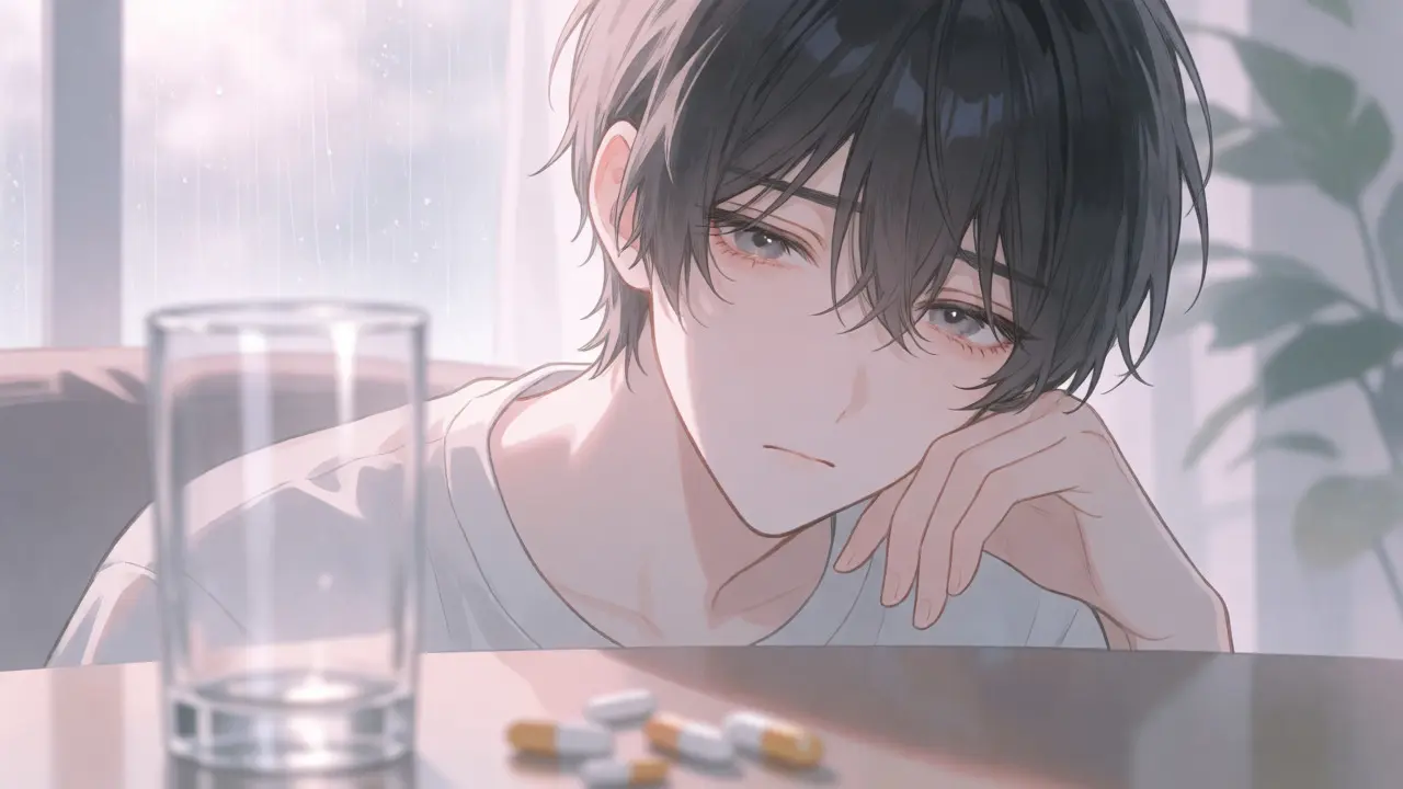 Melancholic manhua portrait showing reduced medication efficacy due to drinking